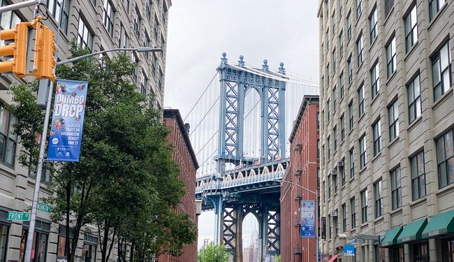Où voir le Manhattan Bridge pris entre les deux immeubles à Brooklyn ?